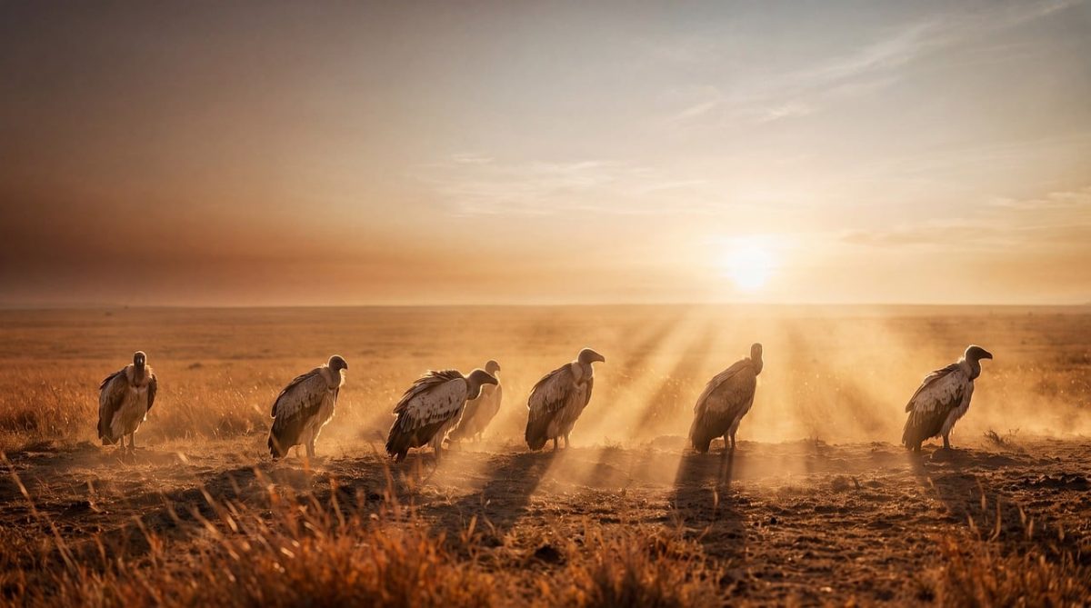 vultures, sunset, savannah, nature, wildlife, african plain, silhouette, dramatic sky, drought, silence, mountains, early morning, peaceful scene, beams of light, open nature, central africa, harsh environment, weathered rocks, solitude, vast landscape