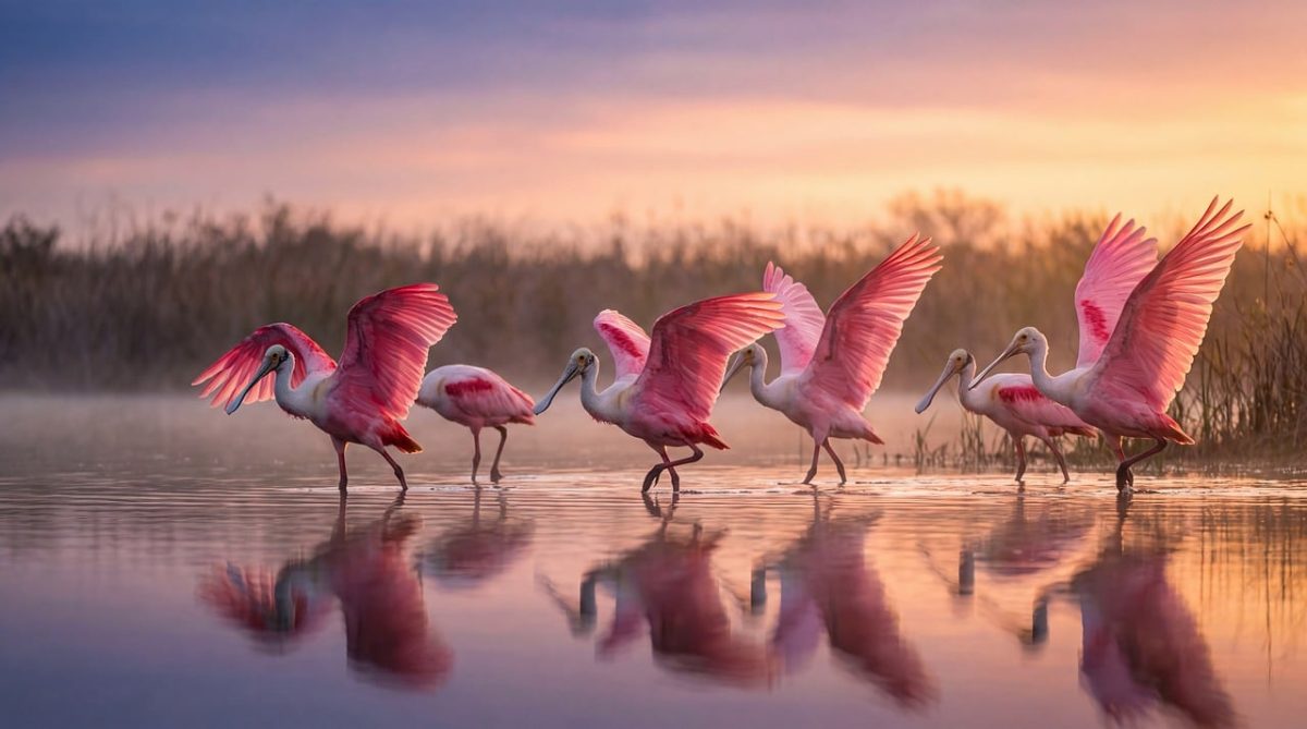 spoonbill, pink, wetlands, reflection, dawn, mist, nature, wildlife, flight, water bird, twilight, serenity, tranquility, sunrise, beauty, scenic, early morning, calm water, natural habitat, wilderness, morning