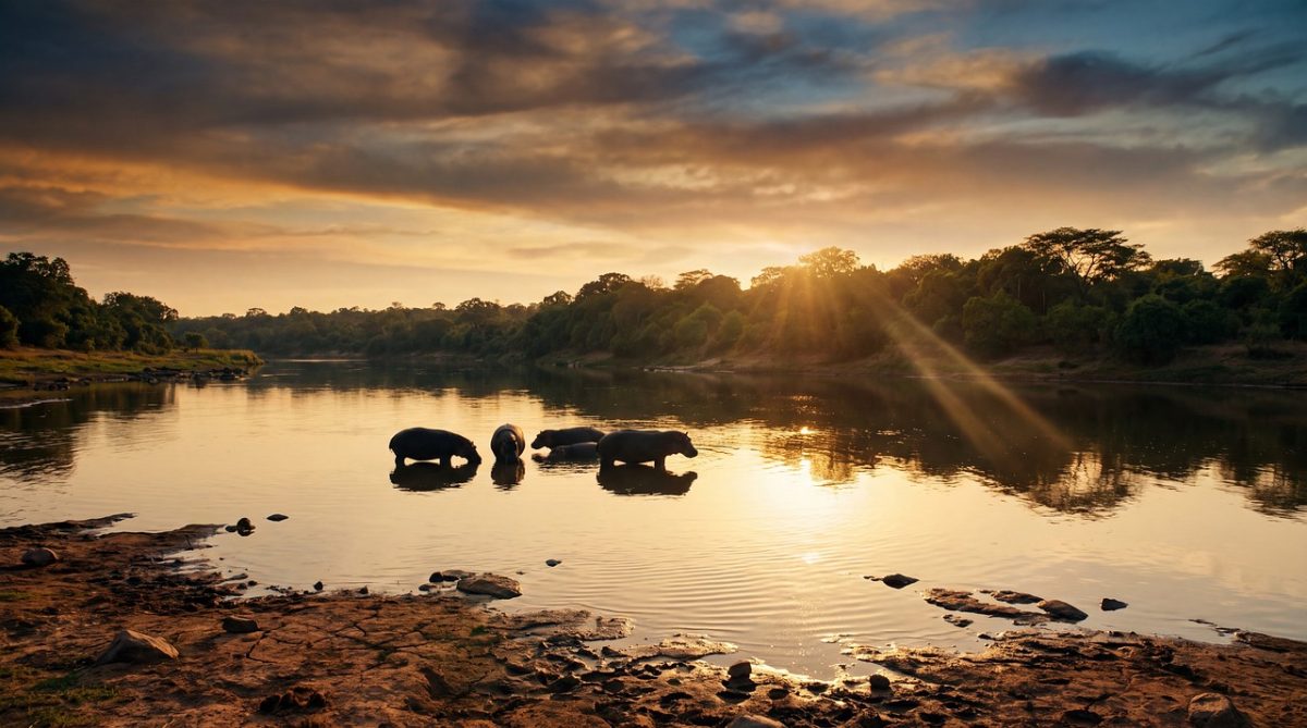 safari, river, hippos, sunset, wilderness, africa, nature, tranquility, reflection, light, mirror, calm, water surface, natural beauty, scenic, peaceful, animals in water, flora and fauna, horizon, ecology