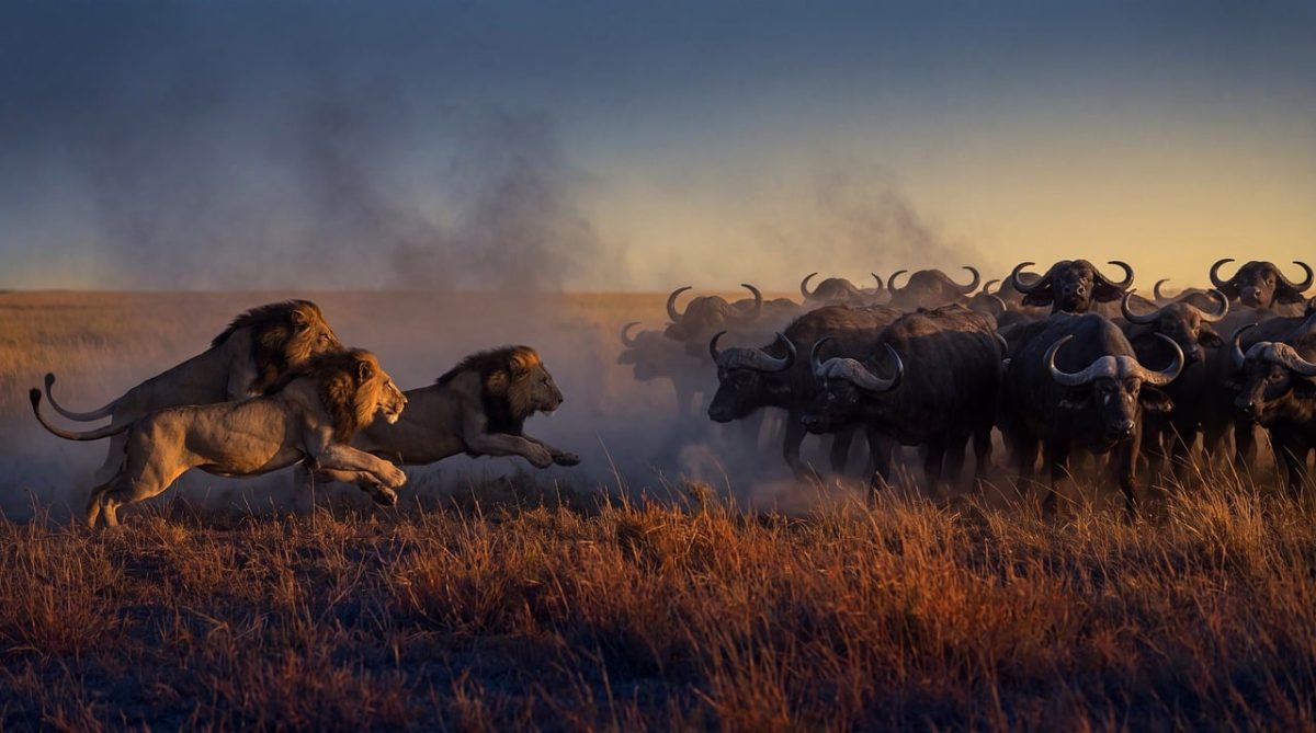 lions, buffalo, chase, savannah, animals, wildlife, prey, nature, safari, hunt, african, drama, sunset, prairie, dust, danger, 120, overwhelming