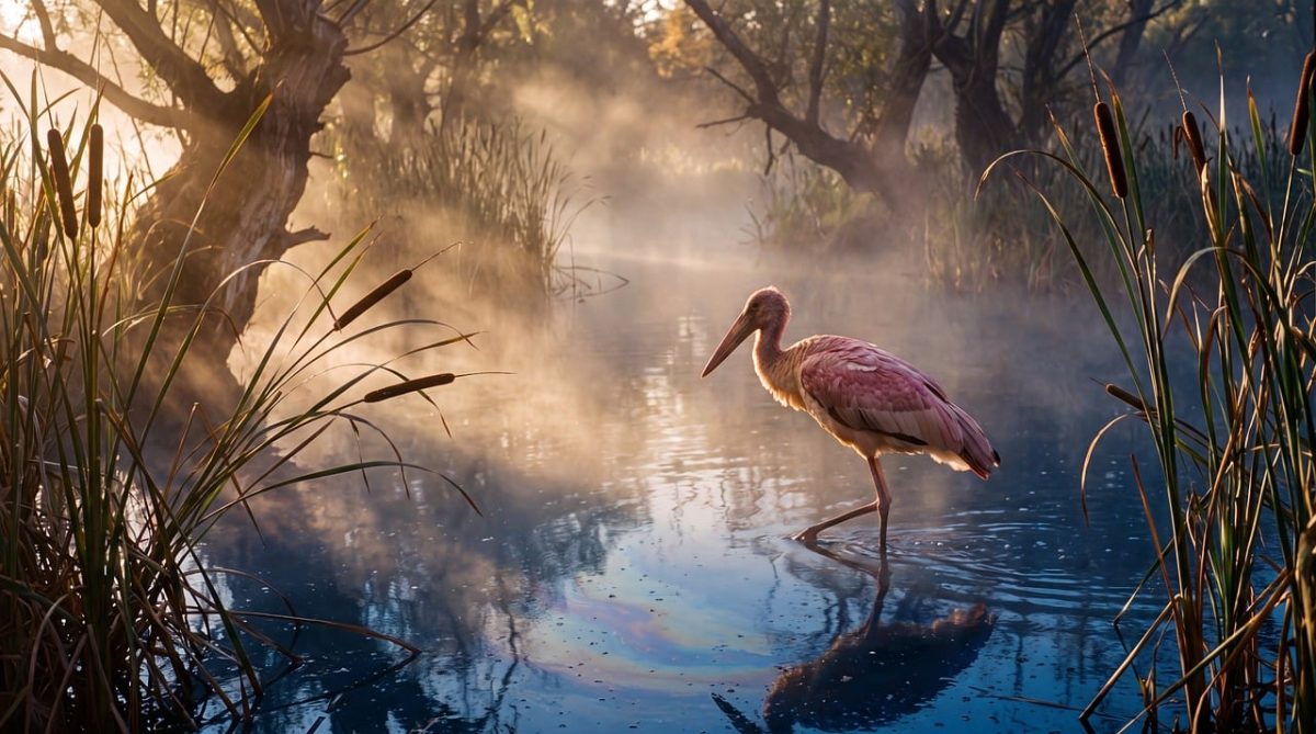 morning, mist, heron, river, nature, wild, animal, reeds, swamp, reflection, peace, sunrise, water bird, mirror reflection, serene scene, natural beauty, calm water, cattails, nature reserve