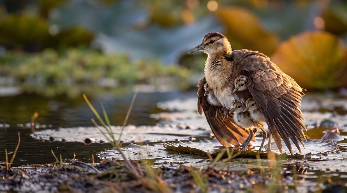 bird, wading bird, lake environment, nurturing, chick, nature, feathers, sun, morning light, aquatic plants, natural habitat, duck, natural selection, hidden, summer, breeding, hatching, wild animal, nature depletion