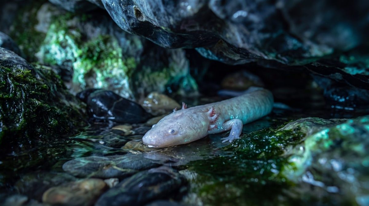 axolotl, cave, amphibian, aquatic, nature, hidden, shadow, stones, exploration, natural world, hide, cool, ecosystem, blue, ecological, environment, in development, endemic