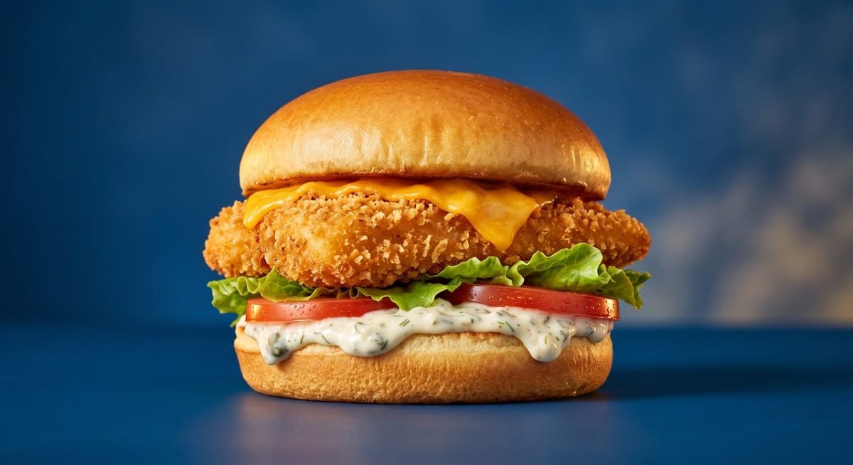 burger, fish burger, fried fish, tartar sauce, lettuce, tomato, cheese, bun, sesame, fast food, crispy, meal, lunch, blue background, studio shot, golden brown, appetizing, stacked, gourmet, hearty