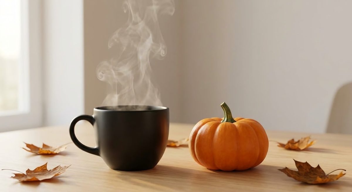 halloween, coffee cup, pumpkin, steam, black mug, autumn, hot drink, nature, home, cozy, seasonal, leaves, pumpkin decor, fall decor, orange, warm drink, november, still life, cafe, warm atmosphere, autumn mood