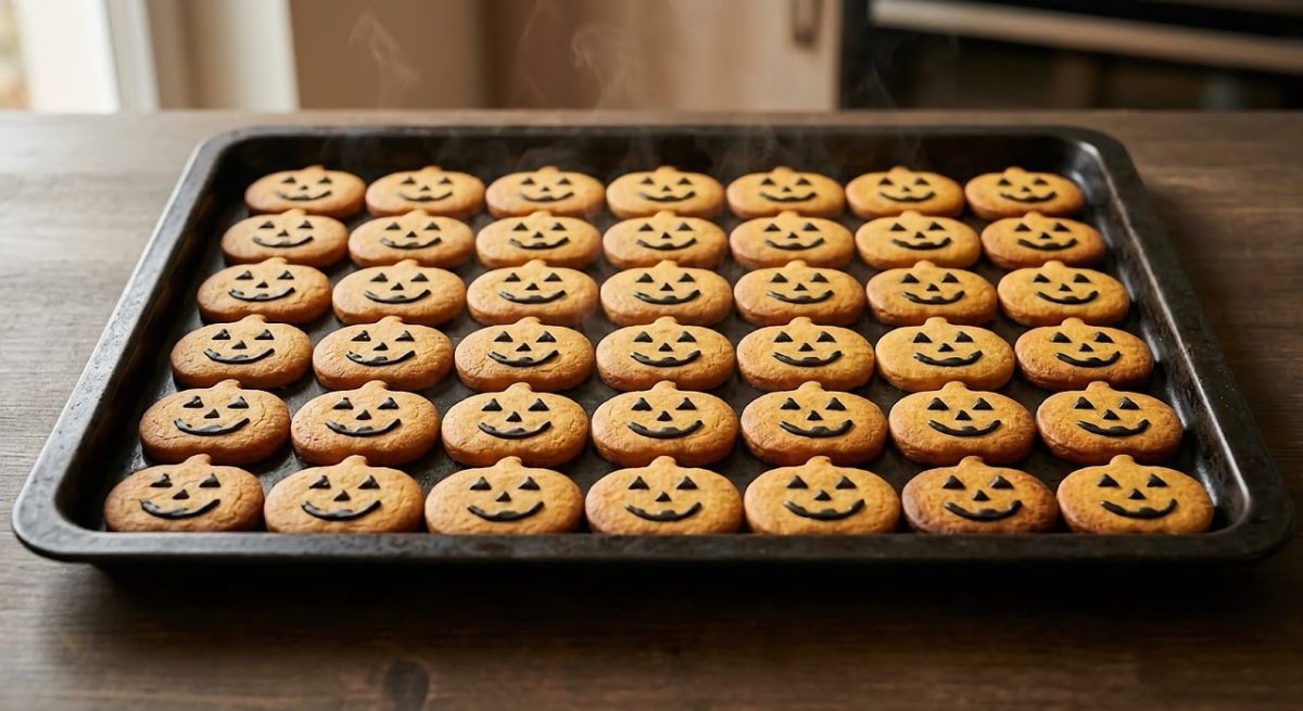 halloween, pumpkin cookies, cookie, autumn, food, baking, tray, pumpkin, baking sheet, cute, dessert, seasonal, scary face, pumpkin face, homemade, hot baking, black tray, sweets, snack