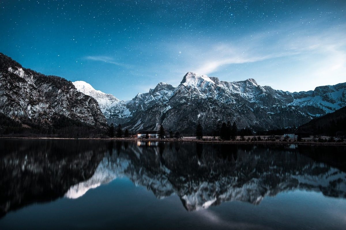 mountains, lake, stars, night sky, reflections, winter landscape, snow, alps, natural beauty, scenery, blue sky, tranquility, purity, silence, calm, nature, mountain lake, hiking, nature reserve, breathtaking
