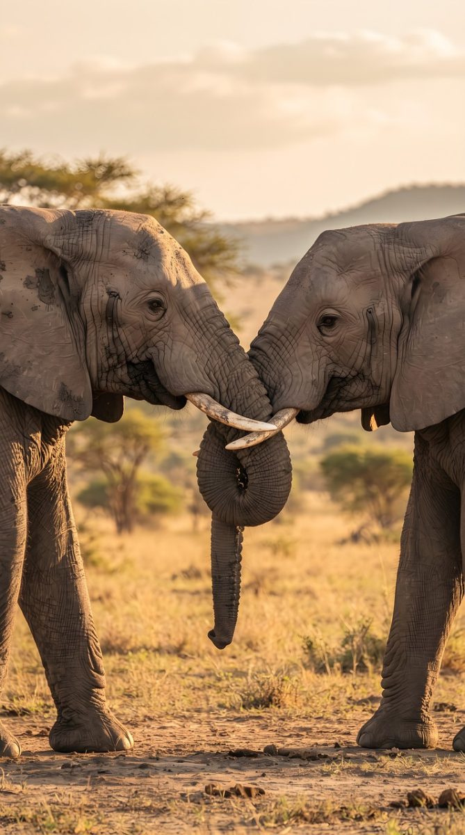 elephant, african, trunk, nature, wildlife, savanna, sunset, friendship, connection, golden hour, behavior, pair, giant, mammal, social, animal, large, grey, ivory, golden