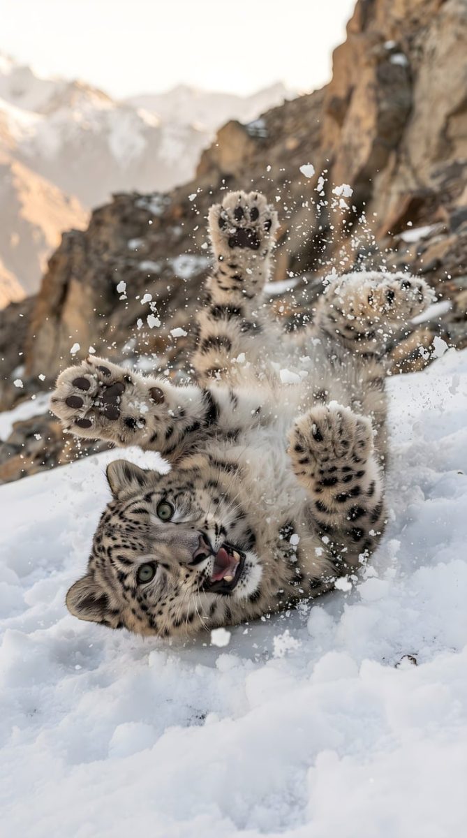 snow leopard, cub, playing, winter, mountains, nature, fur, spots, paws, rare, himalayas, cold, wild, jungle habitat, endangered, tracking, living together, fate, ecosystem, austere environment