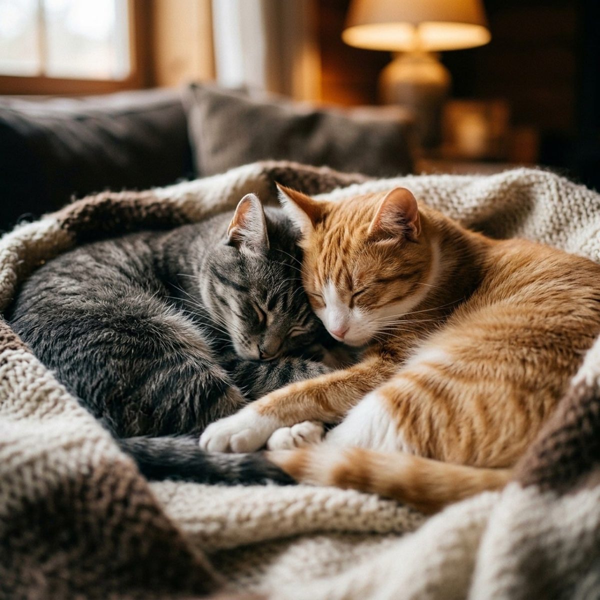 cats, fuzzy blanket, comfort, soothing, resting, sleeping, cozy, companions, fireplace, interior, gray cat, ginger cat, friend, natural light, cuddly, warm, lamp, autumn, friendship