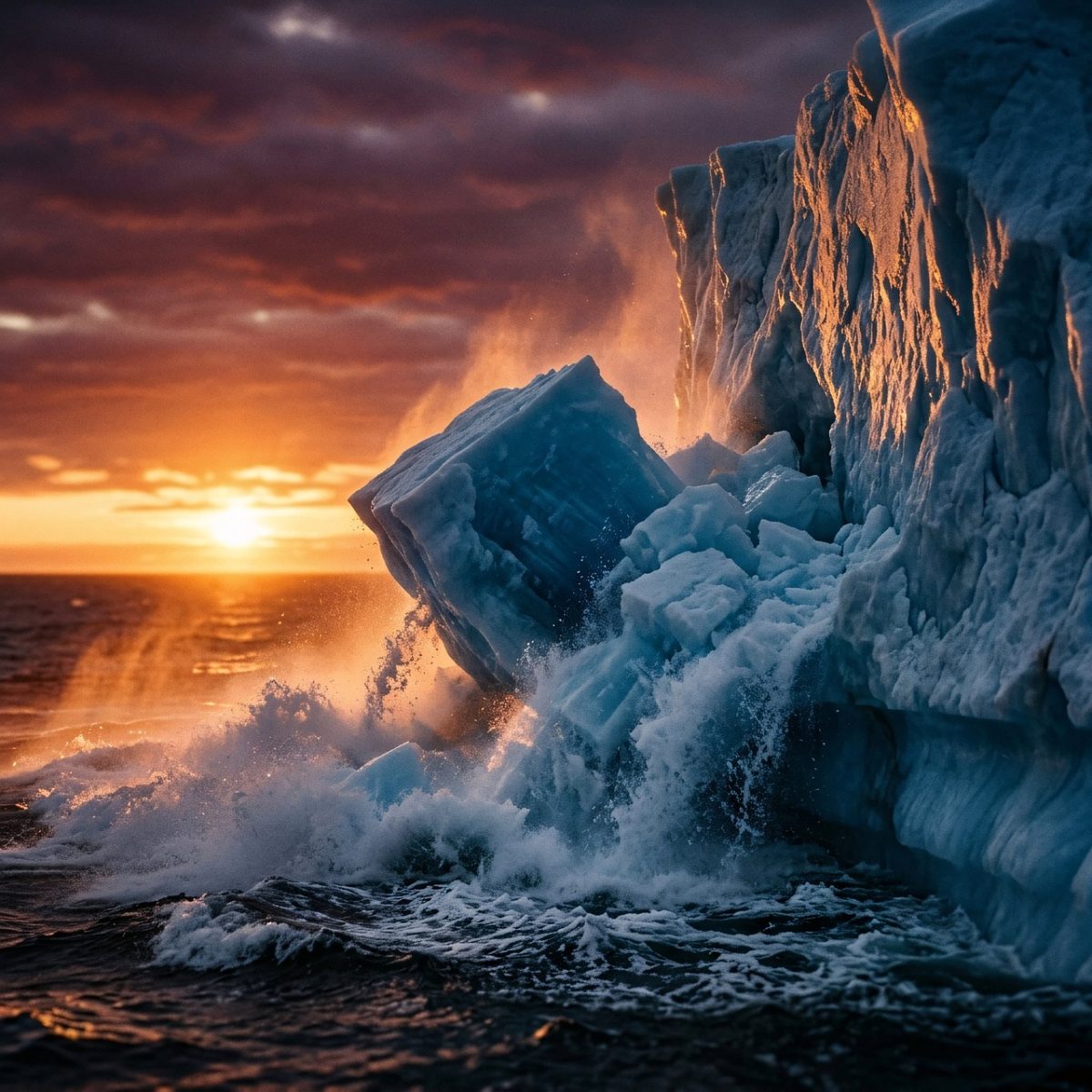 iceberg, sunset, ocean, sea, ice, landscape, arctic, winter, nature, glacier, sky, water, frozen, scenic, waves, glow, dawn, climate change, artistic photography, marine, reflection
