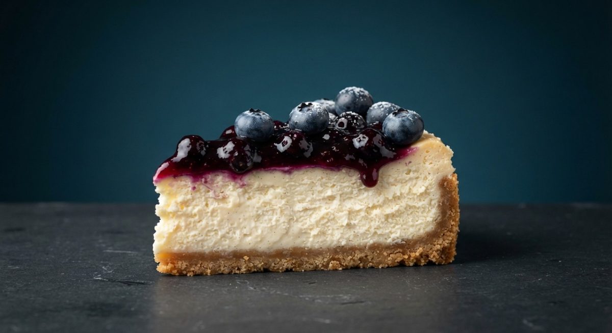 cheesecake, blueberry cheesecake, slice of cake, triangular slice, graham cracker crust, cream cheese, blueberries, blueberry topping, compote, powdered sugar, slate surface, blue background, studio shot, sweet, delicious, gourmet, pastry, indulgence, bakery