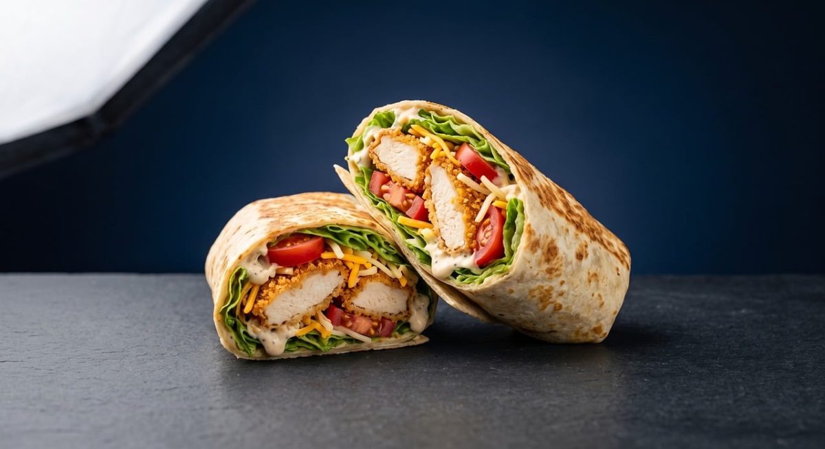 wrap, chicken wrap, crispy chicken, lettuce, tomatoes, tortilla, cheddar cheese, sauce, slate table, blue background, studio shot, delicious, sandwich, fast food, gourmet, flatbread, mayo, fried chicken, grilled wrap, halved