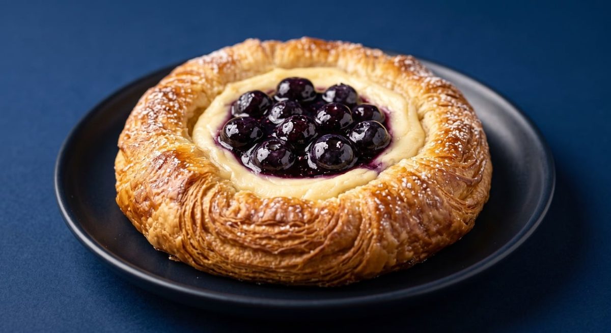 danish pastry, blueberry danish, puff pastry, cream filling, vanilla custard, blueberries, fresh blueberries, powdered sugar, icing, bakery, dessert, breakfast, brunch, delicious, gourmet, black plate, blue background, studio shot, close-up, flaky