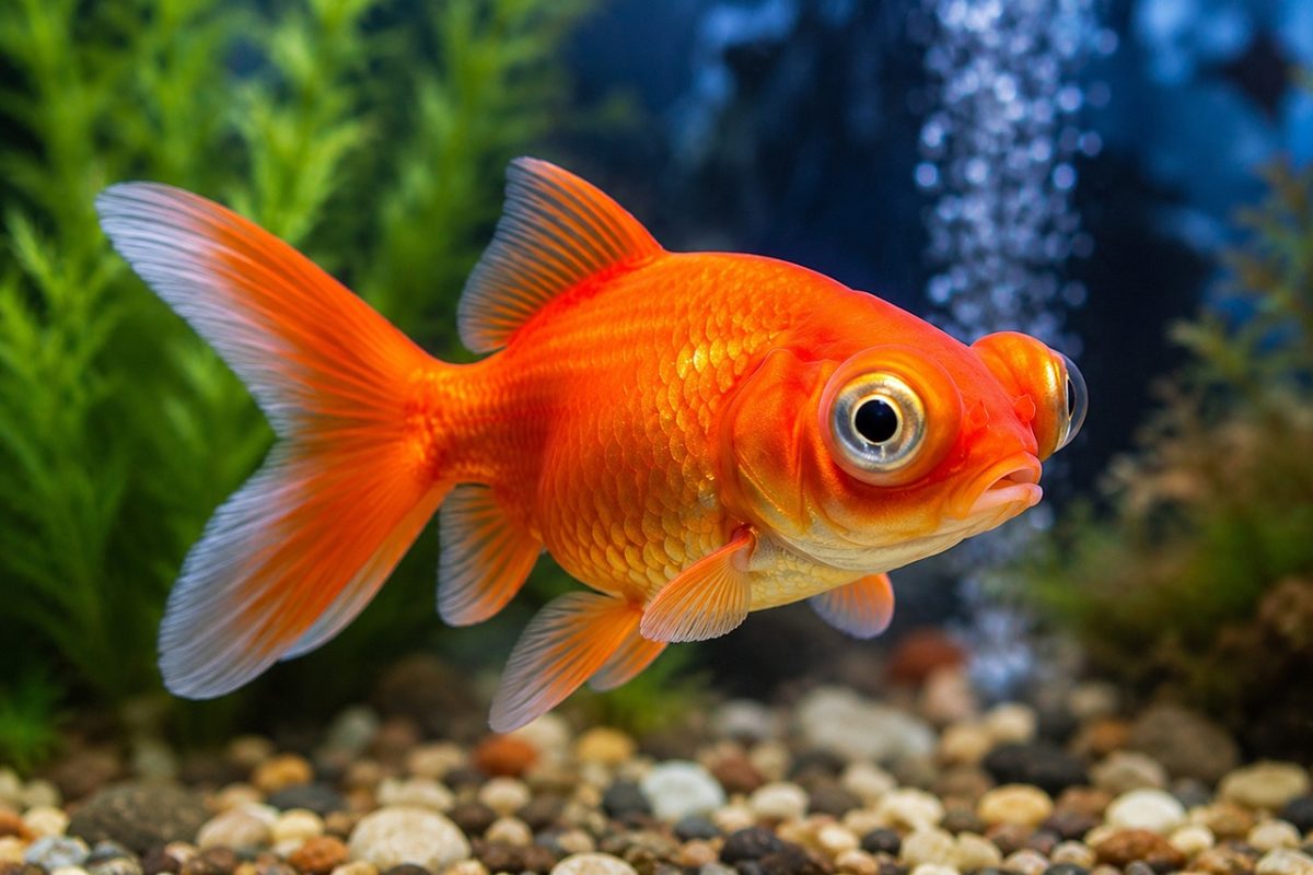 red, fish, aquarium, underwater, scales, fins, wildlife, nature, bulging eyes, freshwater, pet, action shot, serene, colorful, gravel, unique, plants, golden, ornamental fish, close-up