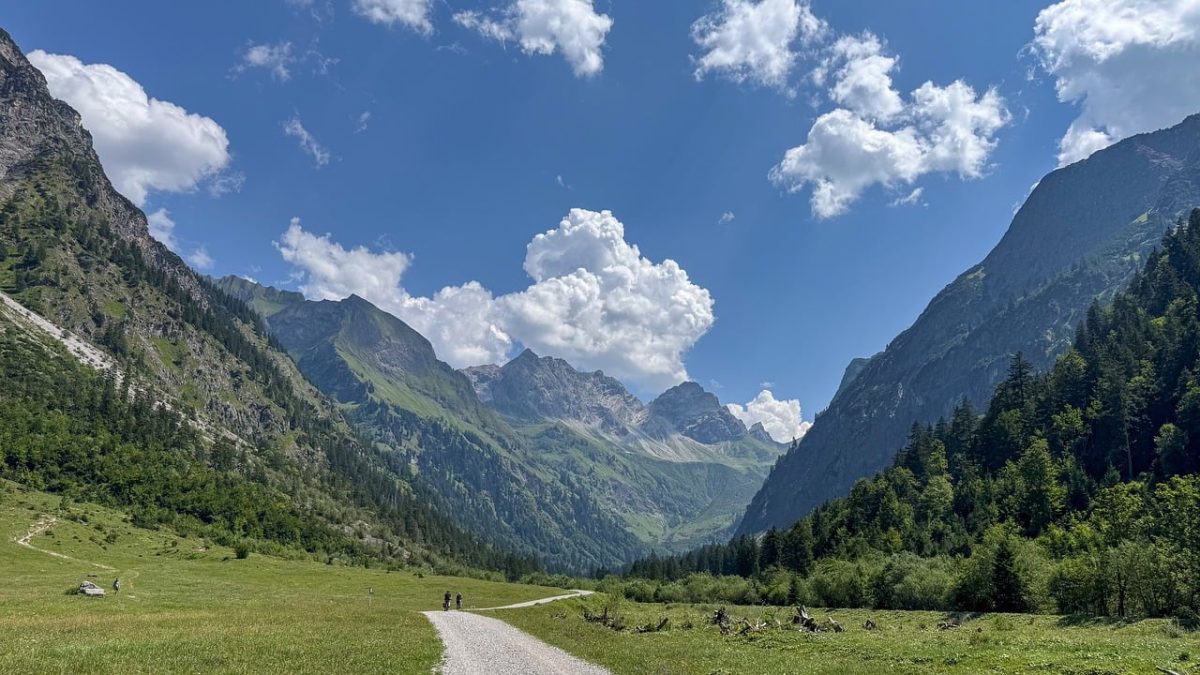 mountains, valley, clouds, trail, summer, cycling, hiking, sport, green, nature, recreation, alps, village, horizon, view, bavarian, mountain meadow, path, landscape