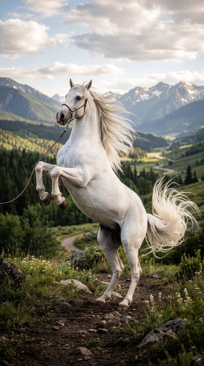 horse, nature, animal, mammal, mane, equestrian, portrait, landscape, outdoors, beautiful, wild, fauna, wildlife, rural, white horse, mountains, picturesque, drama, elegance, panorama, pasture