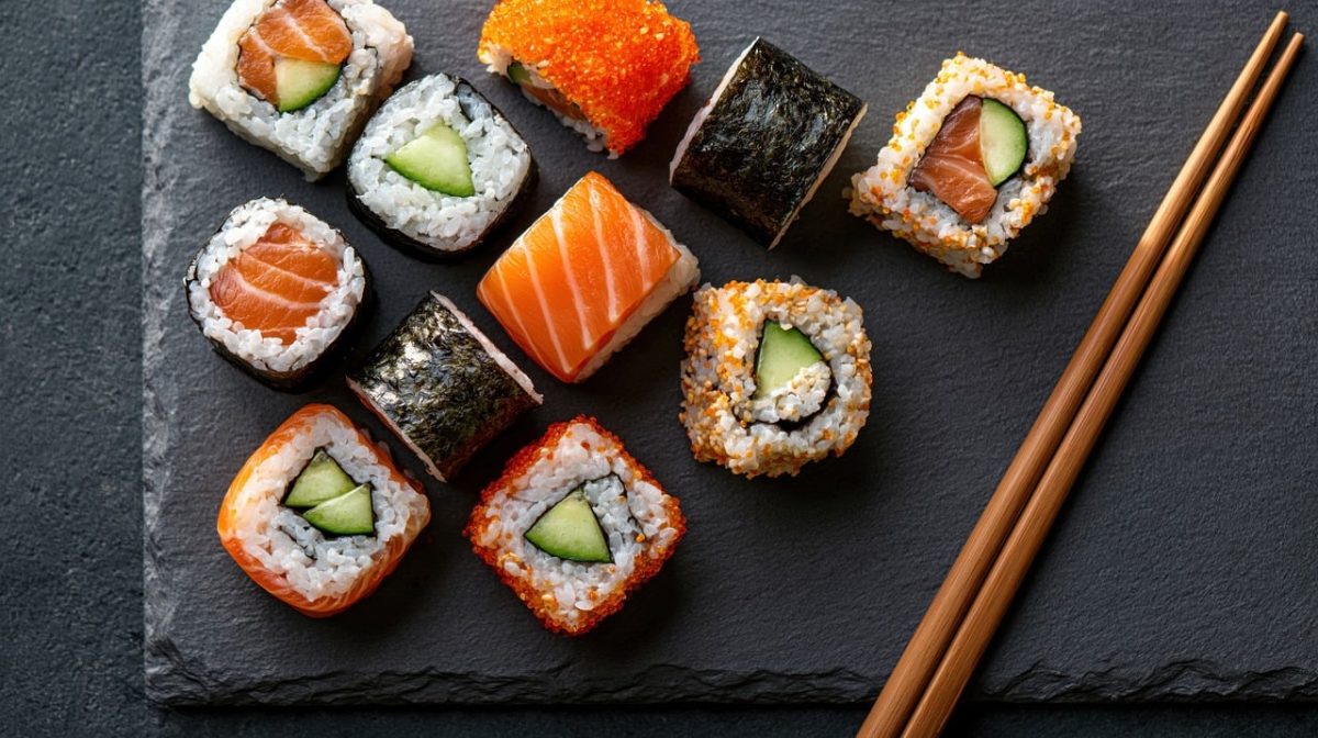 sushi, salmon, rice, gastro, japanese cuisine, chopsticks, fresh seafood, traditional dish, cutting board, culinary presentation, salad, japanese restaurant, healthy food, nutrition, shrimp, cucumber, soy sauce, vegetarian, striped plate, exotic cuisine