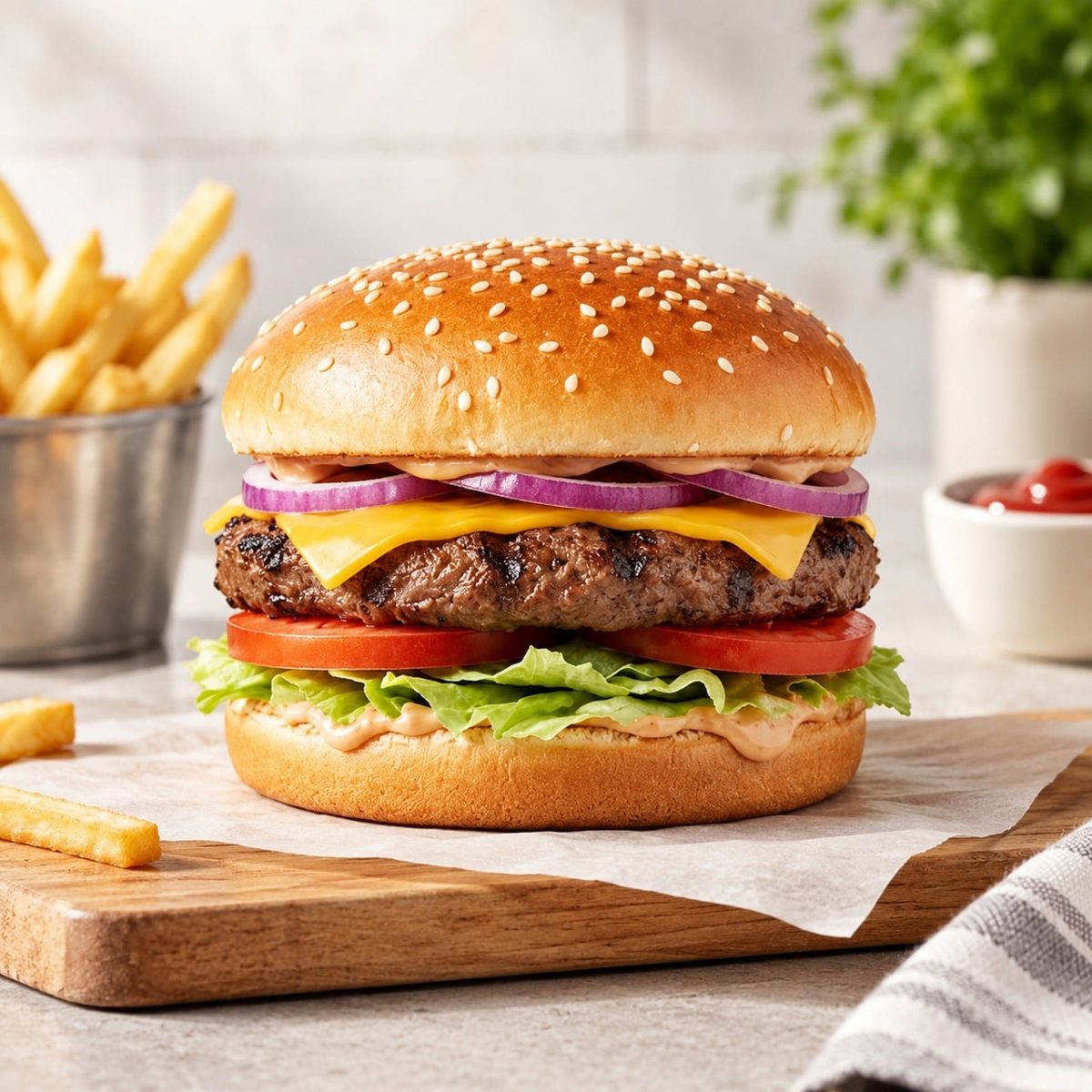 hamburger, french fries, cheese, tomato, lettuce, bun, sesame seed, red onion, ketchup, plate, wooden board, lunch, pink sauce, grilling, savory taste, fast food, fresh ingredients, ground beef, picnic, american food