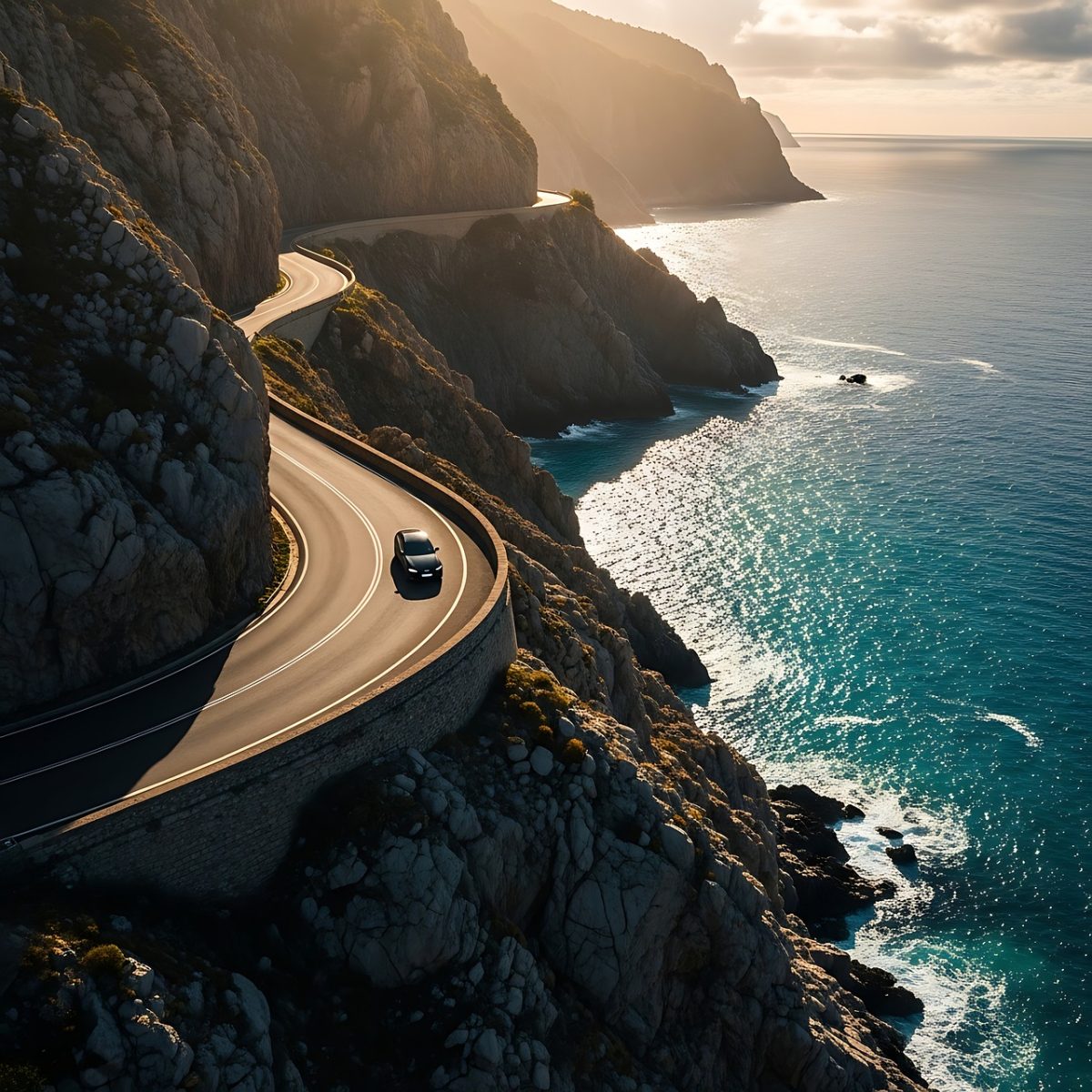 ai generated, car, coast, road, scenery, ocean, cliffs, travel, driving, winding, nature, landscape, sea, mountain, view, tourism, water, car wallpapers, asphalt, trip, touristic, black, sunset