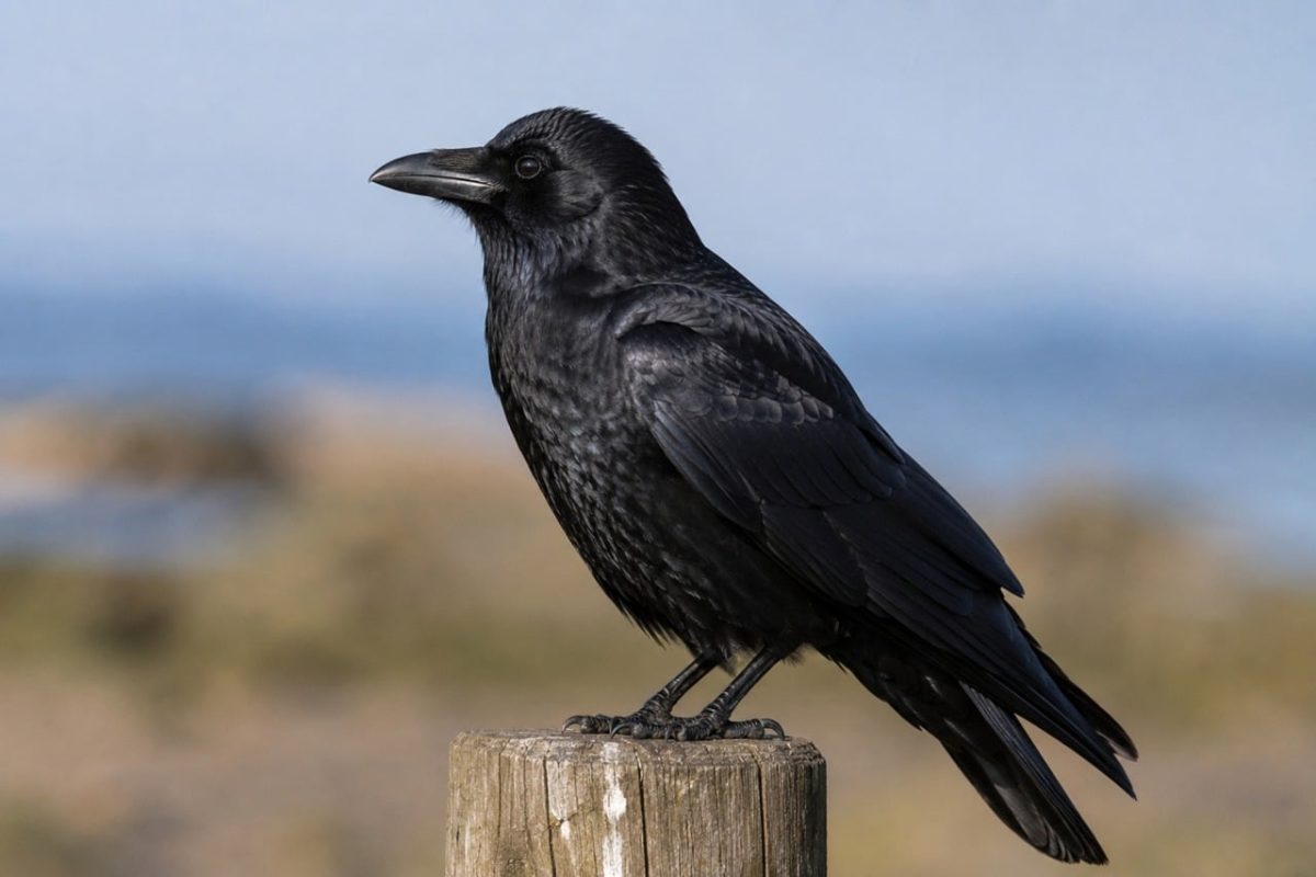 raven, bird, nature, feathered, black, wings, beak, sitting, outdoors, landscape, calm, fence, coast, glossy, caretaker, close, sky, feather, curious, unique