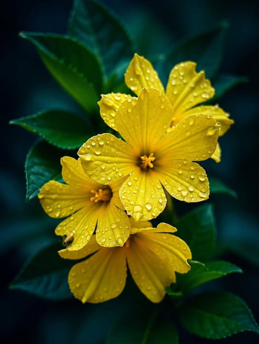 yellow flowers, petals, water drops, dew, green leaves, nature, botanical, macro, close-up, flora, dark background, beautiful, fresh, bloom, raindrops, blossom, vibrant, natural, spring, cluster