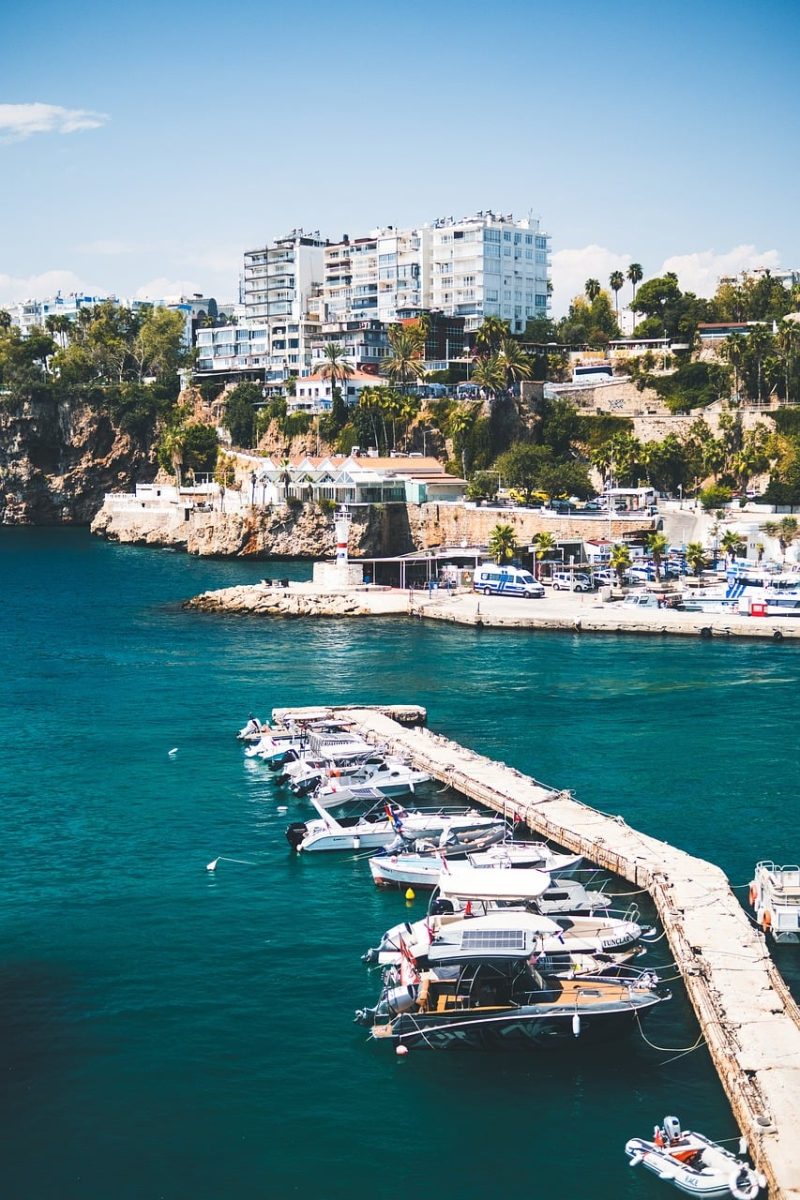 antalya, harbor, boats, mediterranean, blue water, yacht, cliffs, sky, vacation, coast, city, nature, travel, luxury, europe, bay, shoreline, tourism, tower, culture