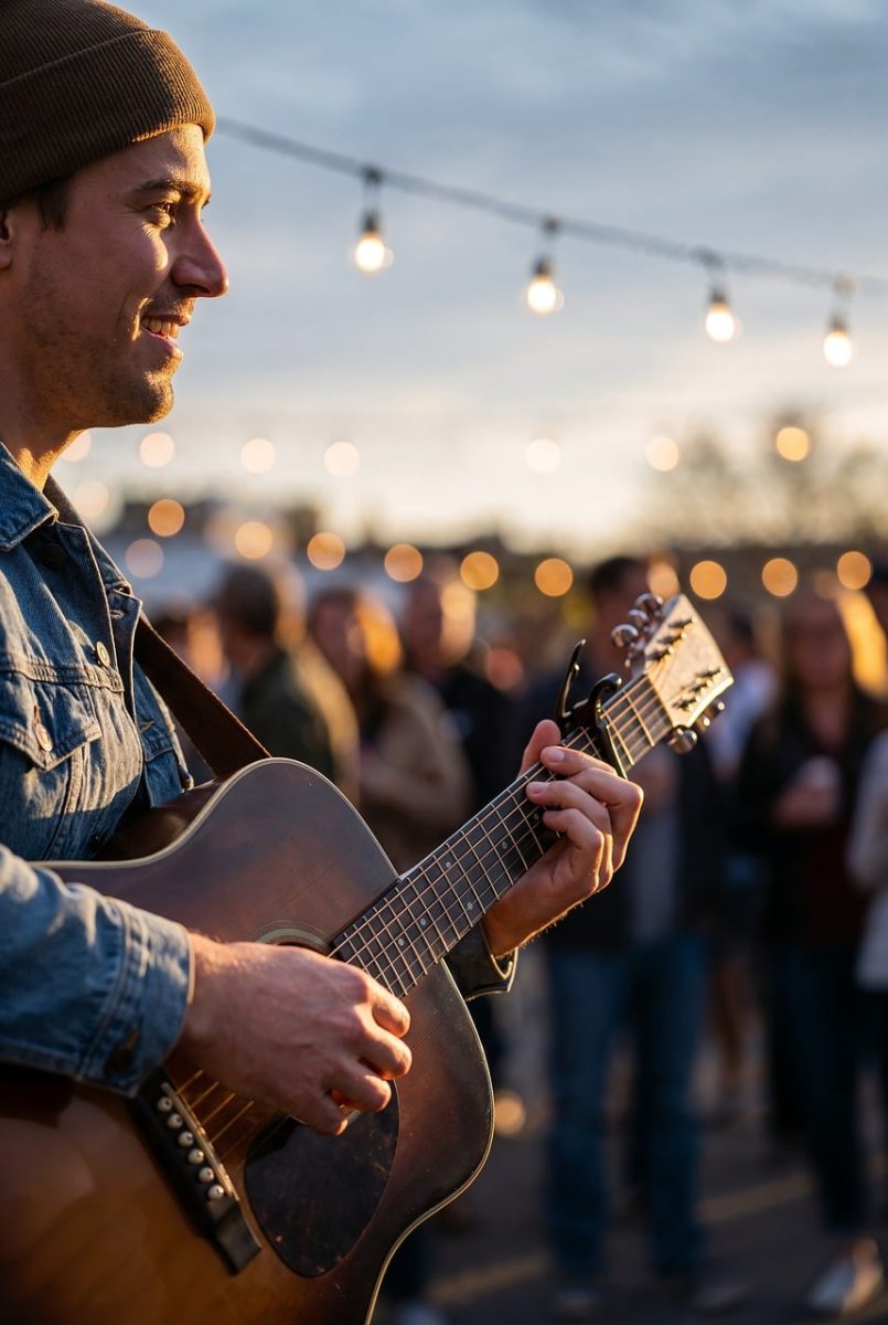 musician, guitar, outdoor, concert, festival, guitarist, nature, live music, blue shirt, lighting, silhouette, audience, sunset, string lights, lights, hat, denim, atmosphere, happy, party, laughter, friends