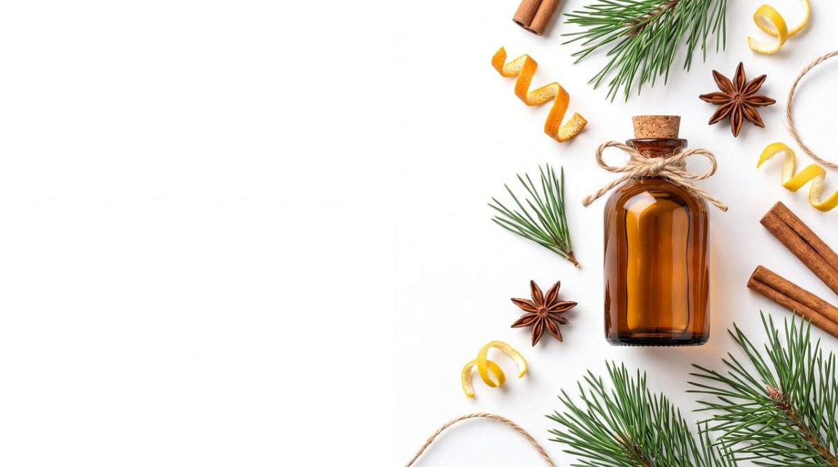 bottle, essential oil, christmas decoration, winter scent, cinnamon, pine, clove, dill, sprig, natural remedy, calm, aromatherapy, natural products, isolated, eco-friendly, holiday, relaxation, health, fragrant oil, fresh, beautiful