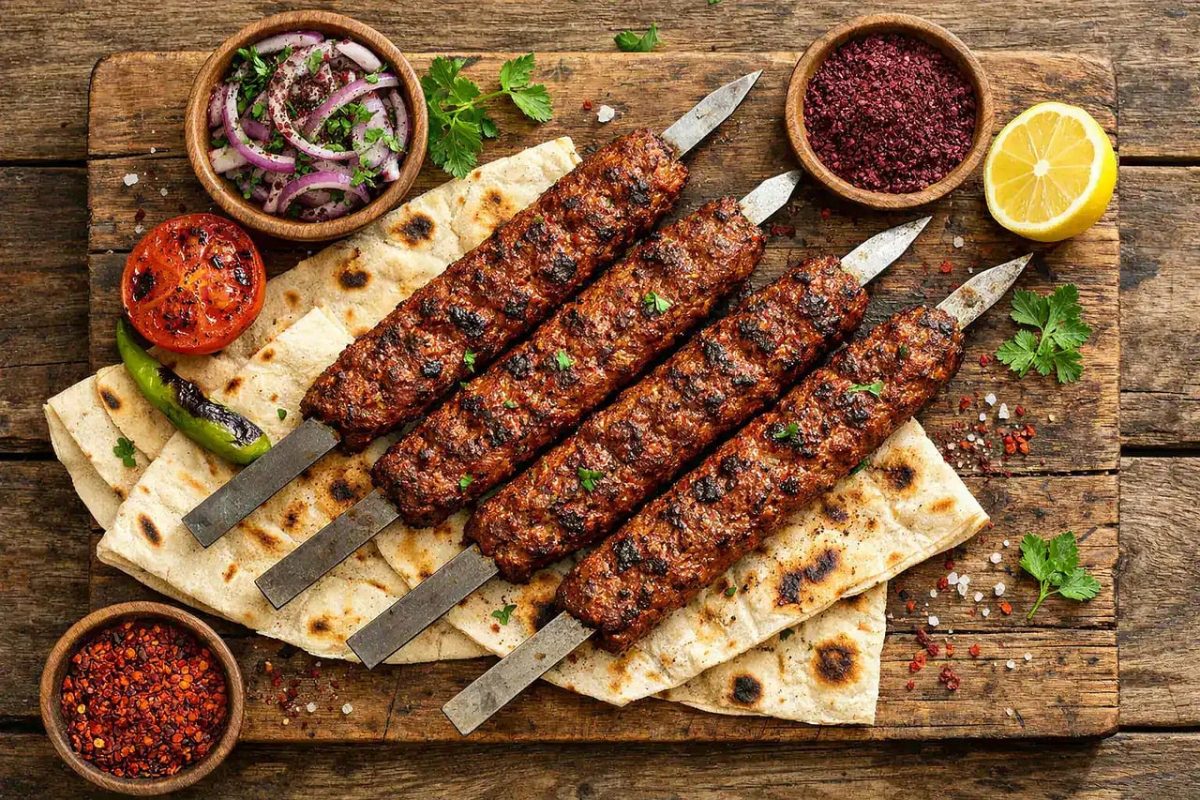 adana kebab, turkish food, minced lamb, grilled meat, skewer, flatbread, sumac, onion, grilled tomato, lemon, chili, protein, nutritious meal, nutritional value, spicy, wooden board, gastronomy, traditional cuisine, rustic, food styling