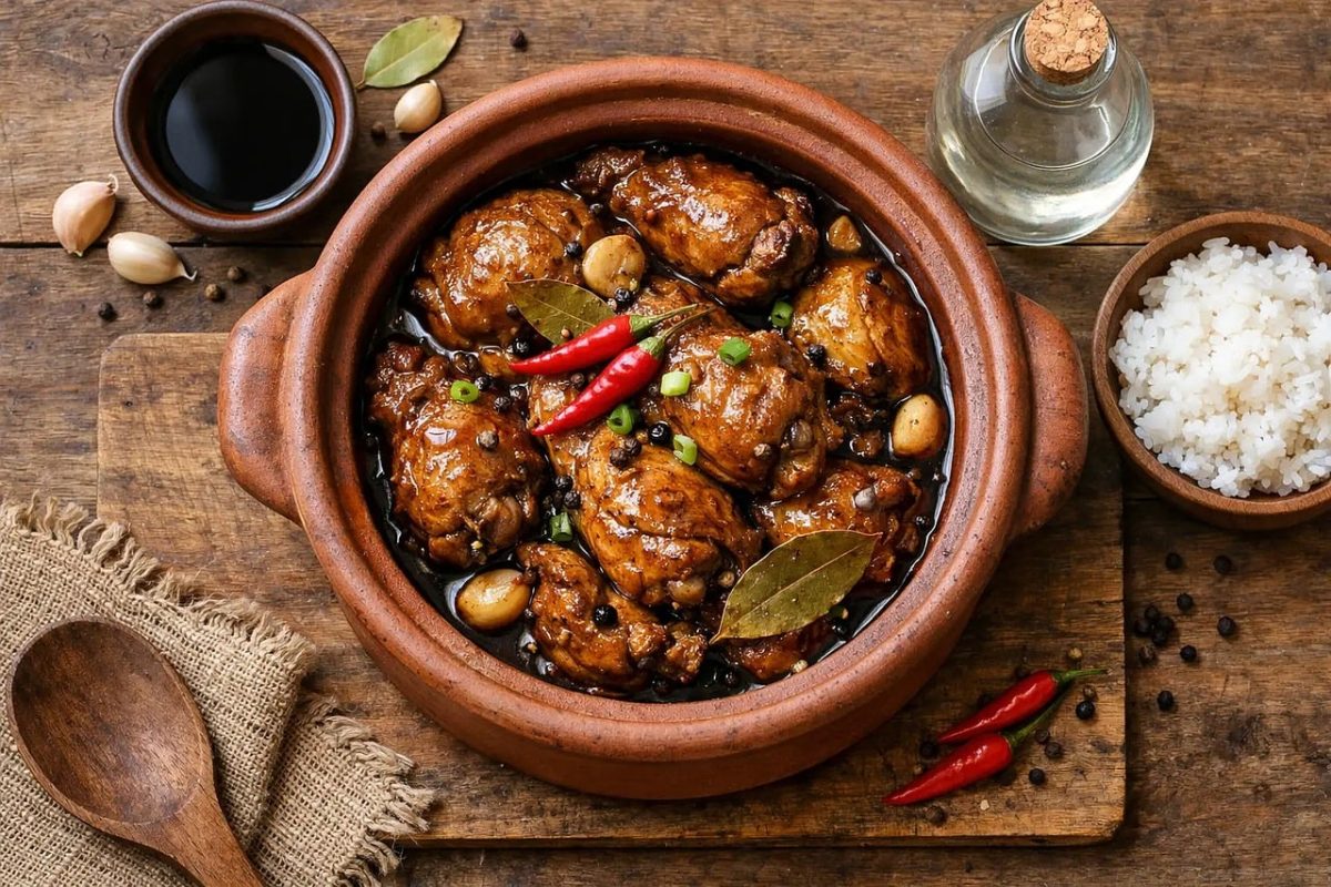 filipino food, chicken adobo, soy sauce, vinegar, bay leaf, garlic, braised, rice, protein, nutrition, spicy, tradition, cuisine, autumn, main course, red chili, traditional food, southeast asian cuisine, fresh ingredients, clay pot, cooking