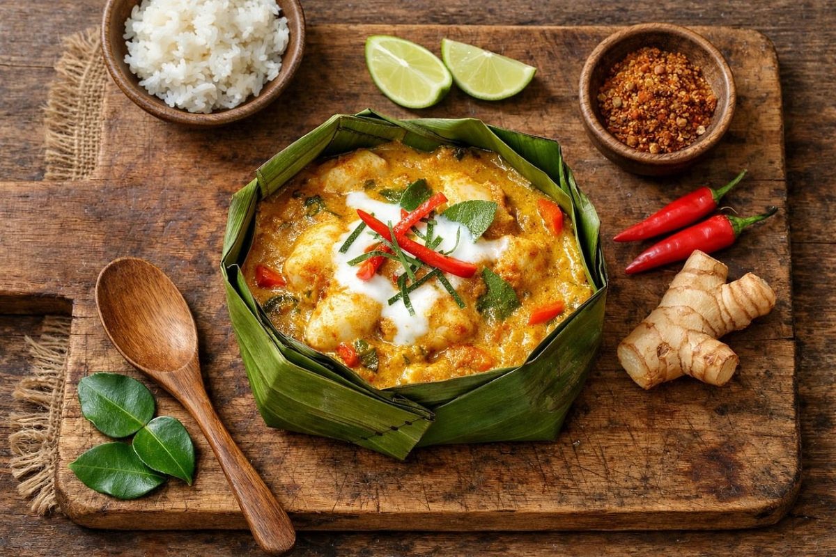 amok, cambodian cuisine, fish curry, banana leaf, coconut curry, white fish, kaffir lime leaf, chili, galangal, steamed rice, lime, wooden board, red chilies, food seasoning, traditional food, fruity aroma, exotic food, culinary herbs, spicy food, kaffir lime