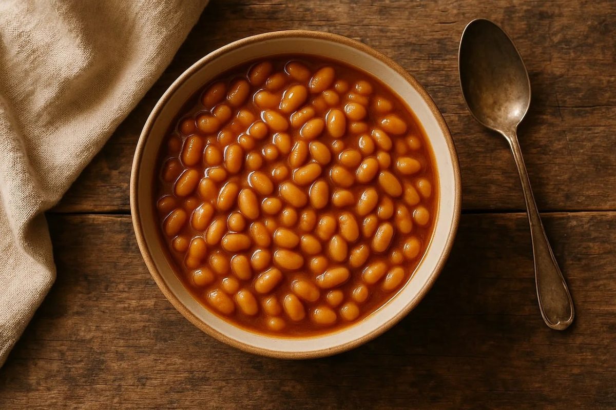 baked beans, bowl of beans, tomato sauce, spoon, wooden table, fiber, plant protein, nutritious, comfort food, haricot bean, legume, breakfast, nutrition, iron, vegan, hearty meal, food photography, home cooking, classic dish, healthy food