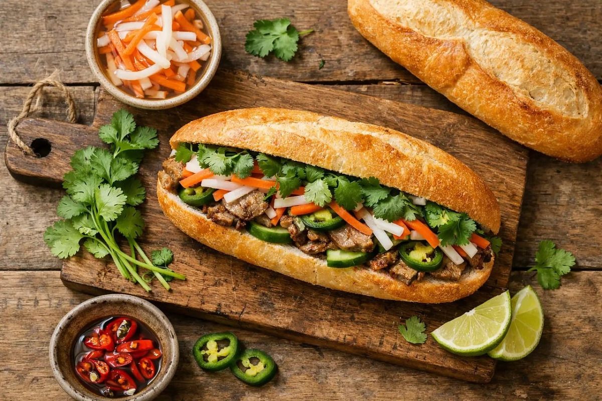vietnamese baguette, banh mi, pork, pickled vegetables, cilantro, jalapeño, cucumber, lime, street food, sandwich, wooden cutting board, lime wedge, chili peppers, nutrition, carrot, daikon, cultural food, flavor, asian cuisine, thai food