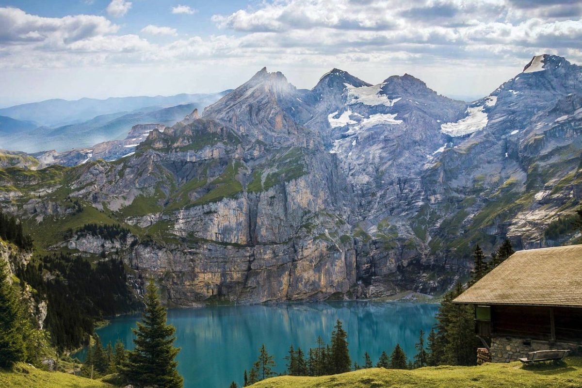 switzerland, mountains, nature, lake, alps, mountain cabin, hiking, view, coniferous trees, clear water, surroundings, tourist destination, summer, tranquility, mountaineering, ecotourism, sunset, relaxation