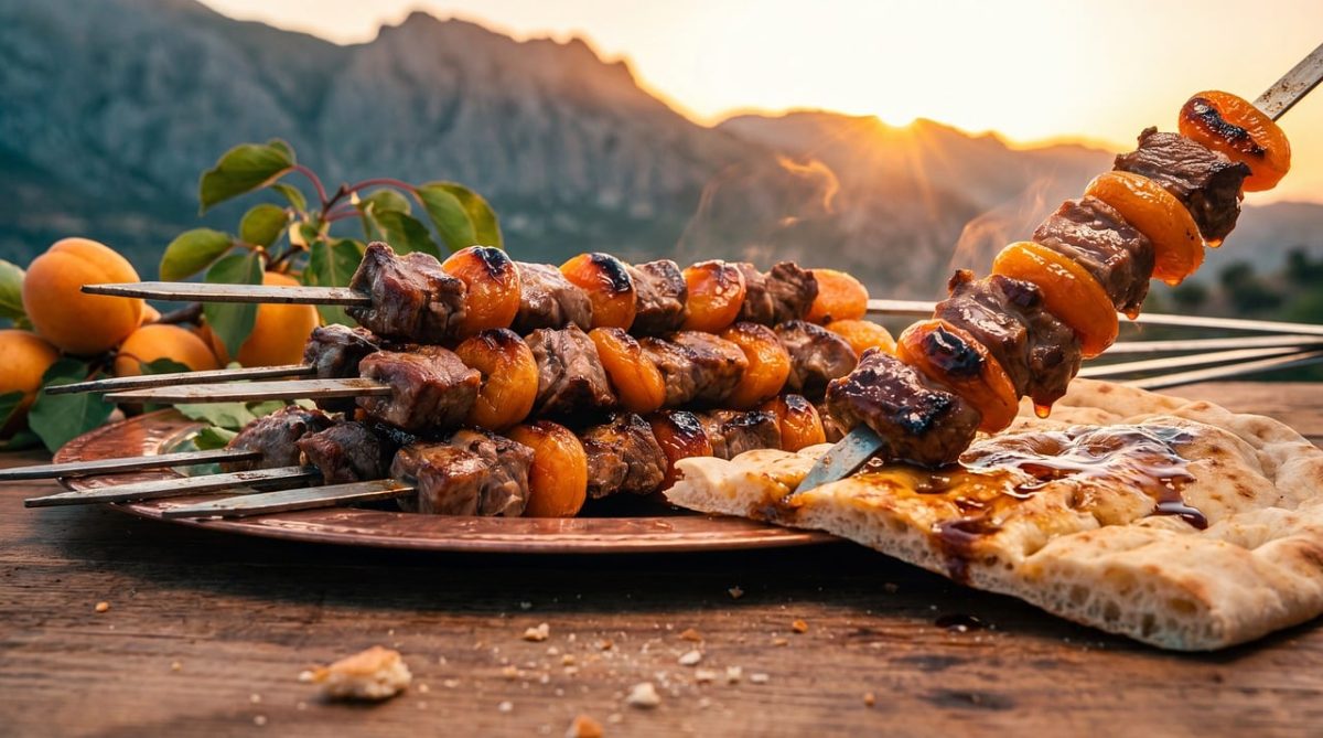 grilling, kebab, apricot, meat, flatbread, summer, picnic, sunset, nature, mountain, outdoor, traditional, honey, holiday, celebration, juicy, dinner, sociable, rustic, culture, feast