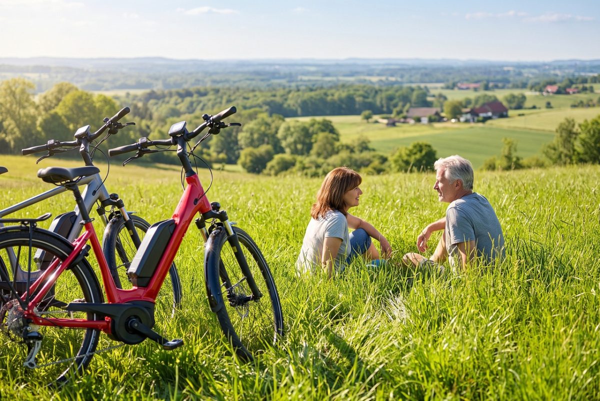 e-bike, couple, countryside, nature, relaxation, landscape, summer, grass, active, leisure, travel, cycling, bike tour, hill, seniors, lifestyle, idyllic, happiness, well-being, bicycle