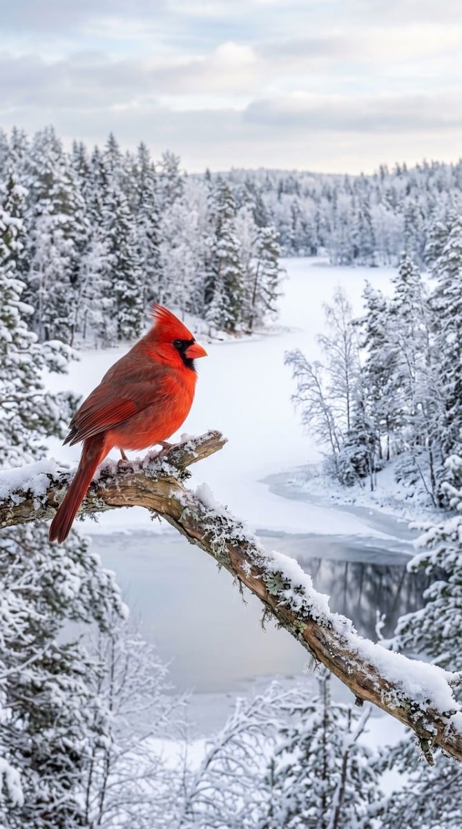 northern cardinal, snow, wildlife, winter, trees, forest, lake, branch, solitary, beautiful, tranquility, red, nature, deciduous trees, countryside, winter landscape, cold atmosphere, peaceful, natural beauty, wild bird, winter wilderness