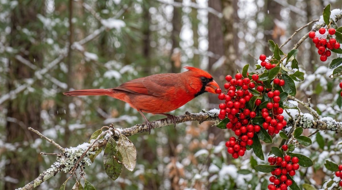 cardinal, winter, forest, red berries, transition, wilderness, snow, branches, winter scenery, nature, fauna, wildlife, natural environment, ecology, flora, red, vivid bird, bird feeding, cardinal in winter, green leaves