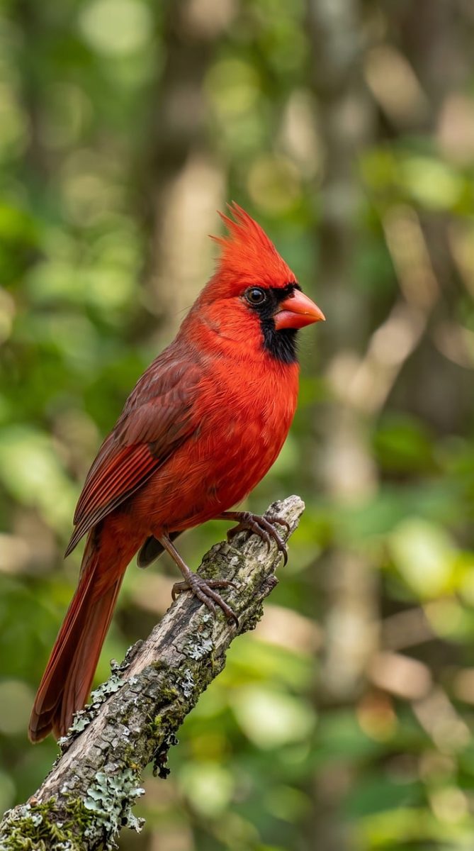 cardinal, red bird, bird feather, wildlife, bird watching, cardinal family, nature, green background, sun, beak, curious bird, branches, solitude, gazing, bright, natural scenery, tranquility, feather details, calm bird, beak details