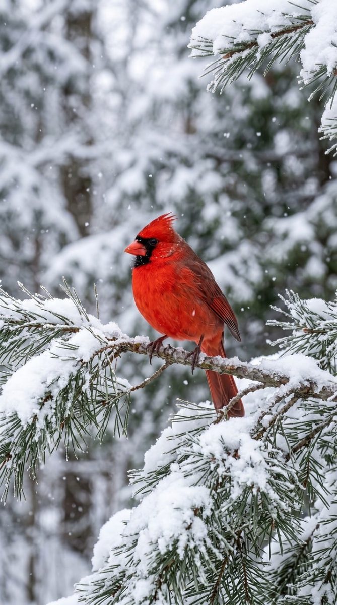 cardinal, red bird, snow, pine tree, bird life, outdoor, winter, natural fauna, wildlife, songbird, christmas scene, natural environment, winter landscape, animal photography, nature picture, birds in winter, white background, nature, bird perched on branch, pink leaves, breathtaking view
