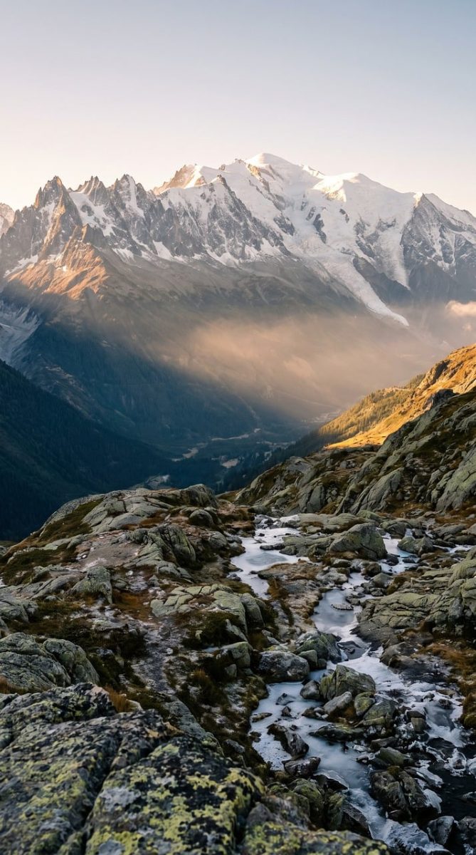 mountains, snow, river, landscape, sunlight, alps, hiking, dawn, rock, solitude, cliff, cool, blue, white peaks, nature, clouds, hillside, peaceful, germany, mountain range, view