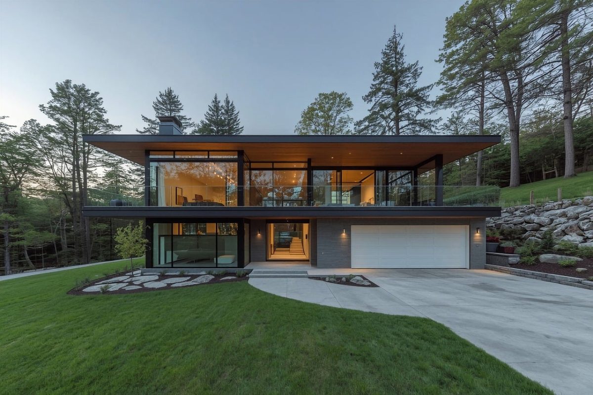 modern house, glass walls, architecture, outdoor, garden, wood, patio, luxurious, nature, residential, eco-friendly, open space, in the woods, lawn, multi-level, nature view, daylight, two-story, panoramic windows, privacy