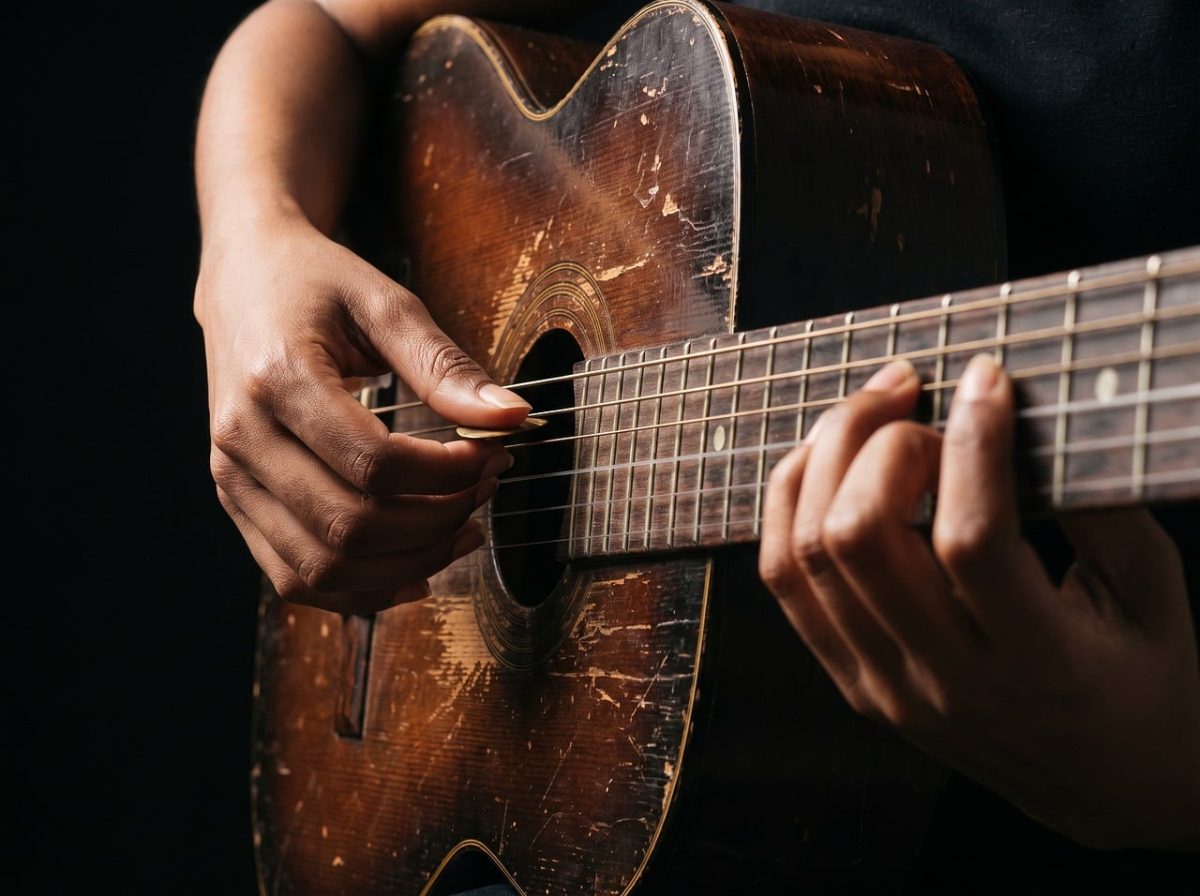 guitar, acoustic, musician, playing, vintage, hands, musical instrument, music, plectrum, close-up, wood, rustic, dark, strings, chord, sound, old, narration, art