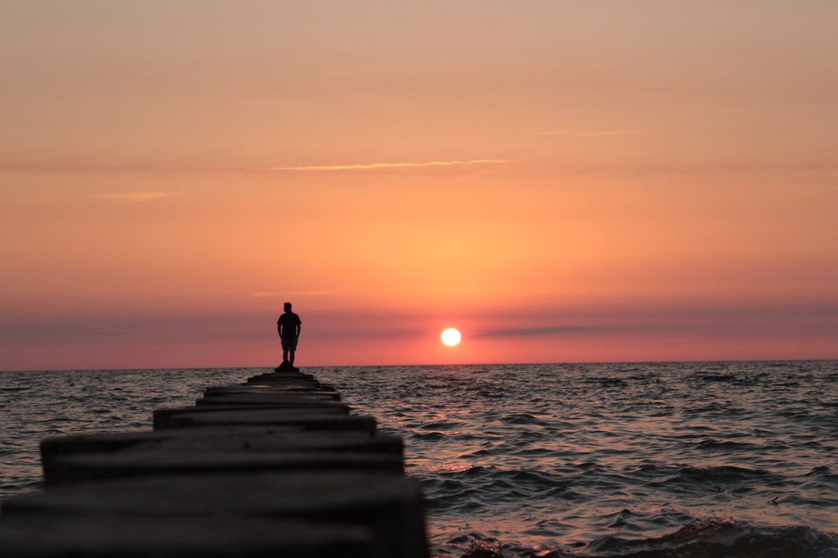 sunset, coast, sea, nature, silhouette, person, pier, sky, evening, calm, west, romantic, peaceful, beautiful, inspiring, reflections, evening sky, hiking, red sky, guide