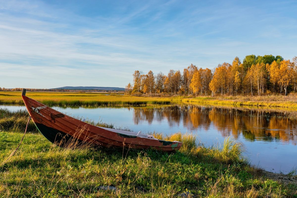autumn, landscape, nature, forest, lake, boat, reflection, wilderness, grass, trees, peace, autumn colors, relaxation, calm, natural beauty, countryside, panorama, clear sky, sustainability, ecology