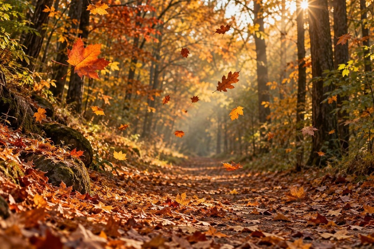 autumn, leaves, falling leaves, forest, nature, golden hour, sunlight, trees, landscape, path, autumn scenery, colorful leaves, ambiance, autumn forest, light and shadow, tranquility, nature walk, autumn afternoon, ochre color, autumn travel