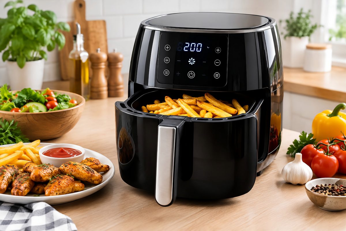 air fryer, kitchen appliance, healthy cooking, fries, grilled chicken, modern kitchen, countertop, home cooking, fresh food, kitchen equipment, meal preparation, vegetables, garlic, colorful bell peppers, popular food, light meal, black, wooden sink, fresh salad, breakfast, sweetener