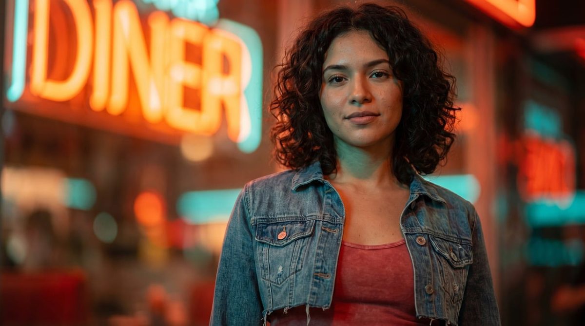 woman, neon light, night, city, street, fashion, style, denim jacket, urban, casual, beautiful, lifestyle, elegant, youth, curly hair, lighting, young adult, eye-catching, modern, personality