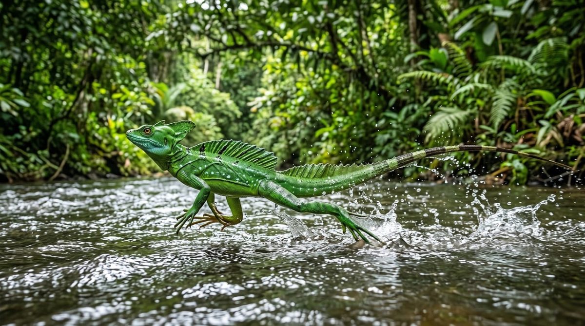 basilisk, jesus lizard, water, running, river, splash, speed, green, lizard, dynamic, escape, jungle, tropical, reptile, movement, nature, jungle wilderness, full speed, habitat, wildlife, unique, biology